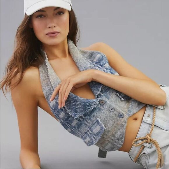 Anthropology S Pilco Heritage Sweater vest halter top blue beige - Picture 1 of 10